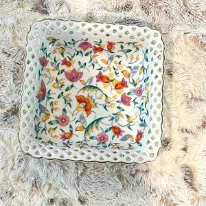 Vintage Antique 1930s German Floral Square Open Basket Lattice Ceramic Dish